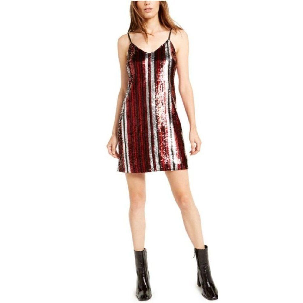 Bar III Sequined Striped Spaghetti Strap Dress